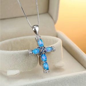 Synthetic Blue Opal Cross Pendant Necklace